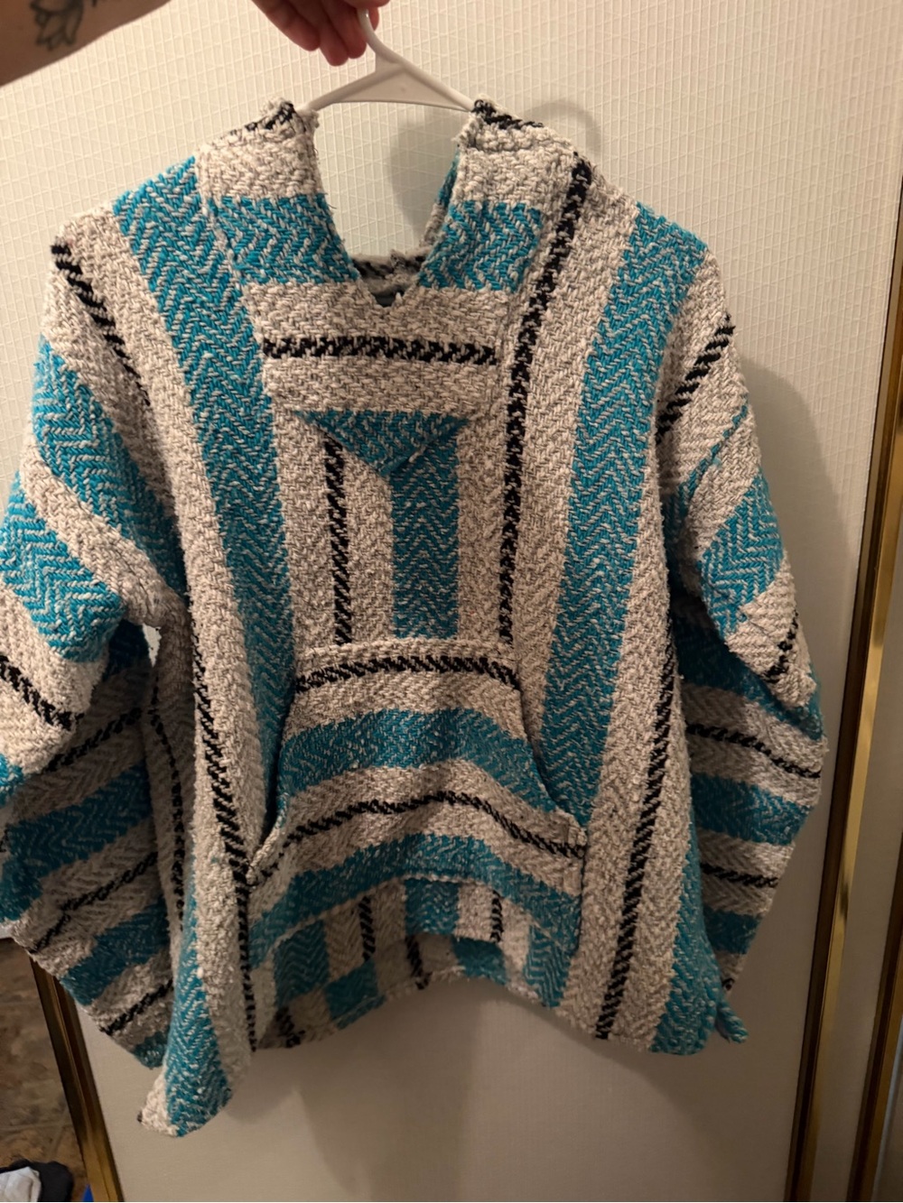 Striped Hooded Baja Poncho in Teal and Cream